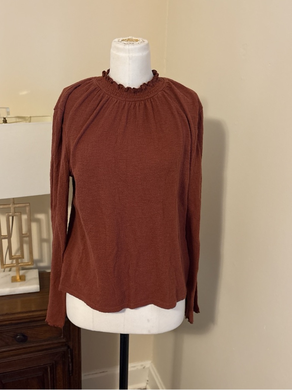 Madewell Long-Sleeve Ruffled Neck Top - Rust Brown